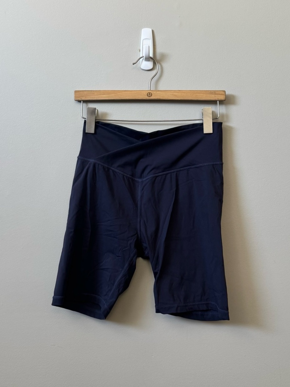 POPFLEX navy blue cross over waist women’s spandex shorts